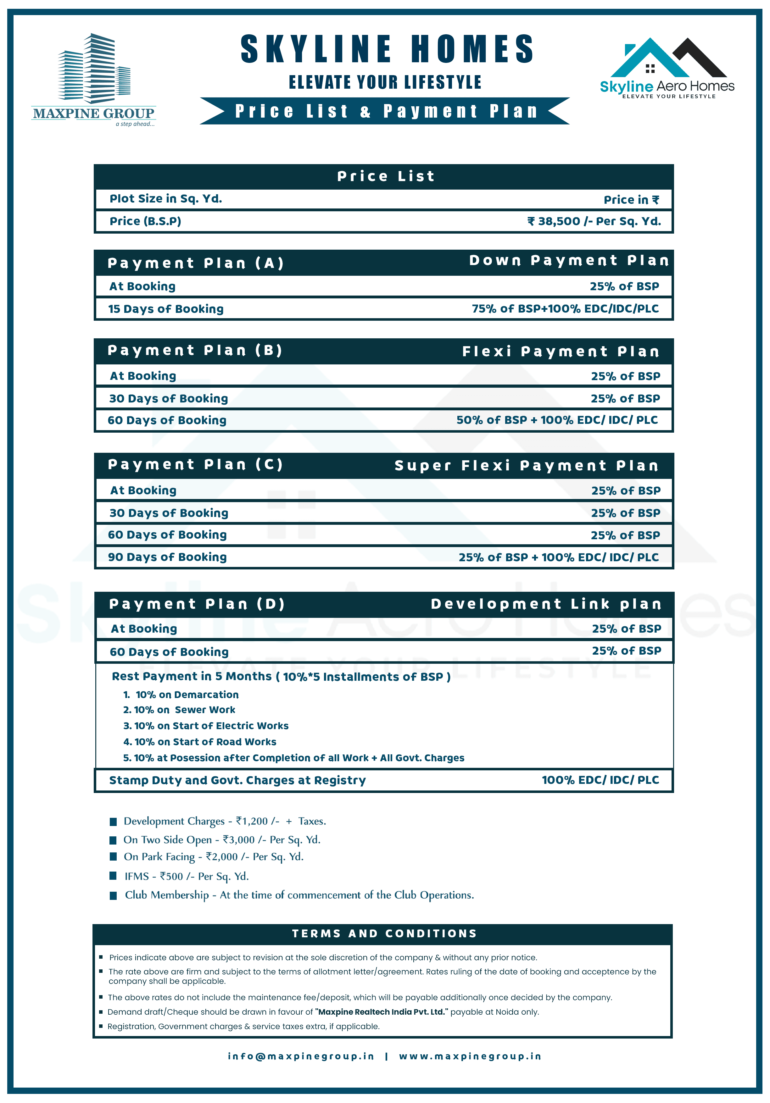 Skyline Aero Homes Price List & Payment Plan document