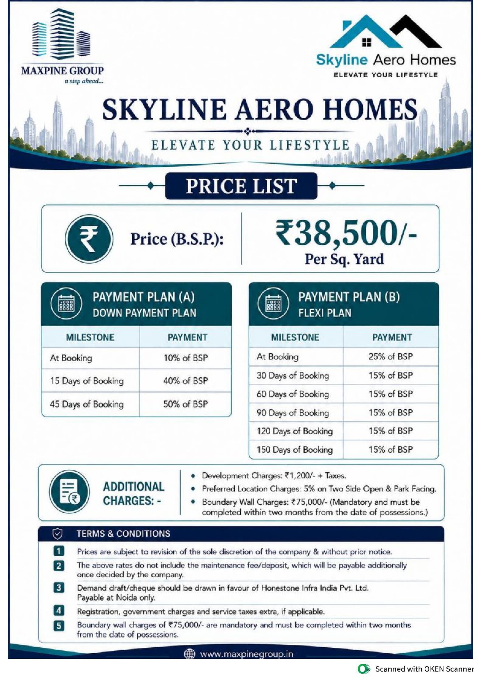 Skyline Aero Homes Price List & Payment Plan document